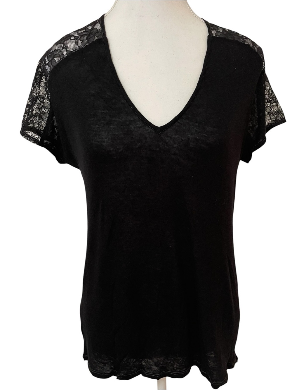 Rebecca Taylor Black V-Neck Tee with Lace Sleeves Size Small